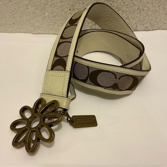 COACH Monogram White & Tan Leather Belt. Sz. Large main image 8